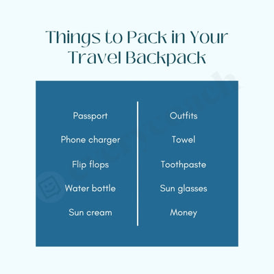 Things To Pack In Your Travel Backpack Instagram Post Canva Template
